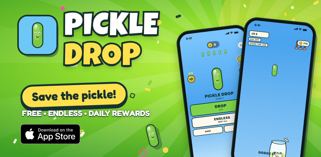 Pickle Drop promotional art: level mode and endless on iPhone, with Save the pickle and Free Endless Daily Rewards