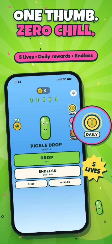 Main menu showing Drop, Endless, Shop, daily rewards, and five lives