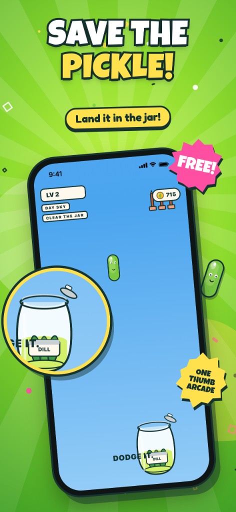 Gameplay: steer the pickle past hazards and land it in the DILL jar