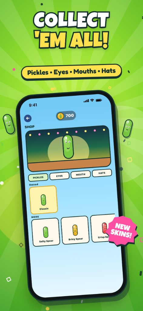 Shop screen: collect pickle skins, eyes, mouths, and hats with coins