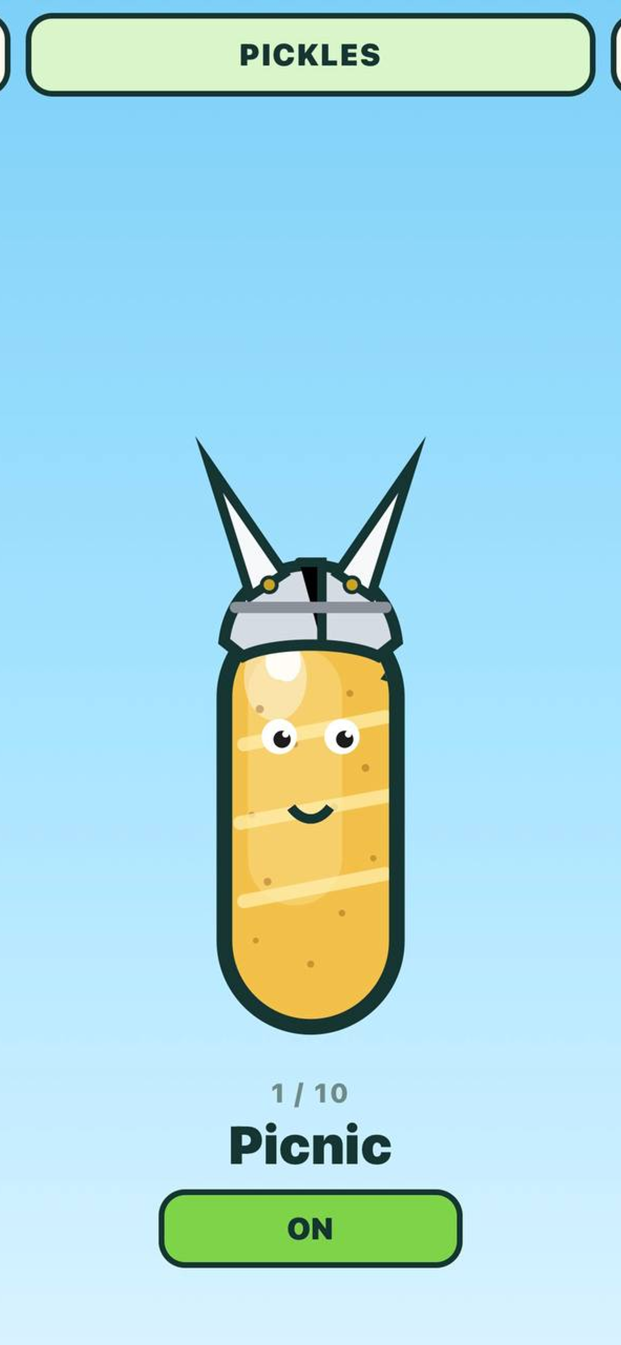 Pickles screen with the Picnic pickle wearing a viking hat